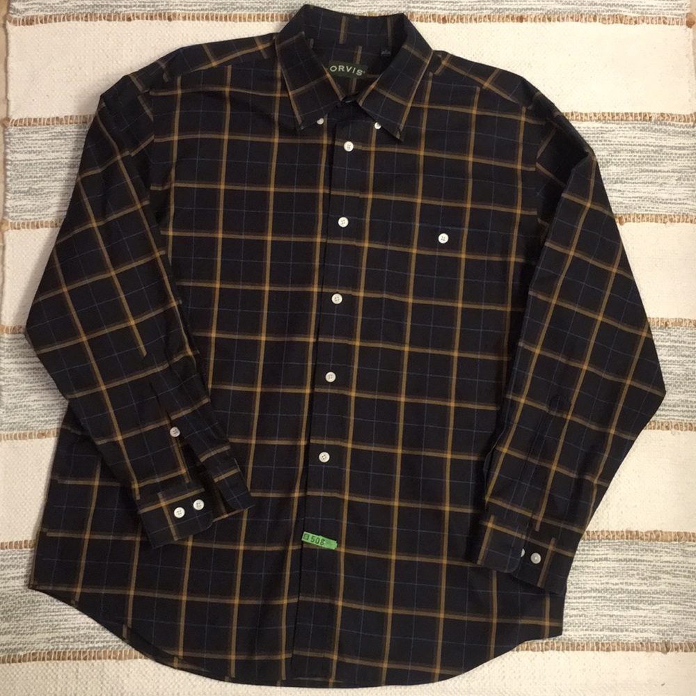 Orvis men’s dress Button Up shirt brown plaid ✅